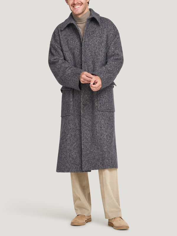 Navy Herringbone Wool Single Breasted Oversized Coat