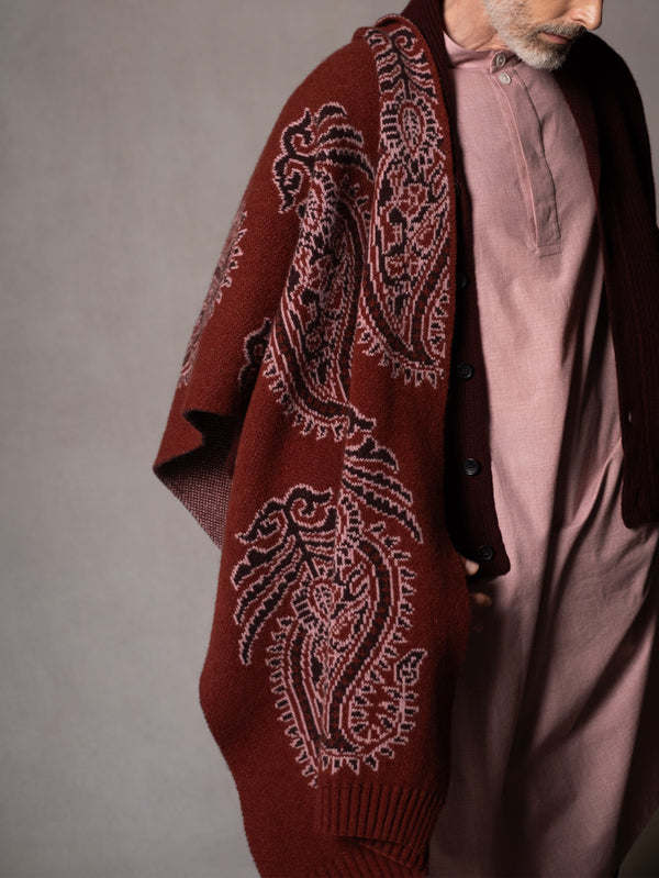 Dark Red Lambswool Paisley Jacquard Shawl